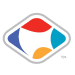 A diamond-shaped logo with curved red, blue, and orange segments inside a grey outline on a white background.