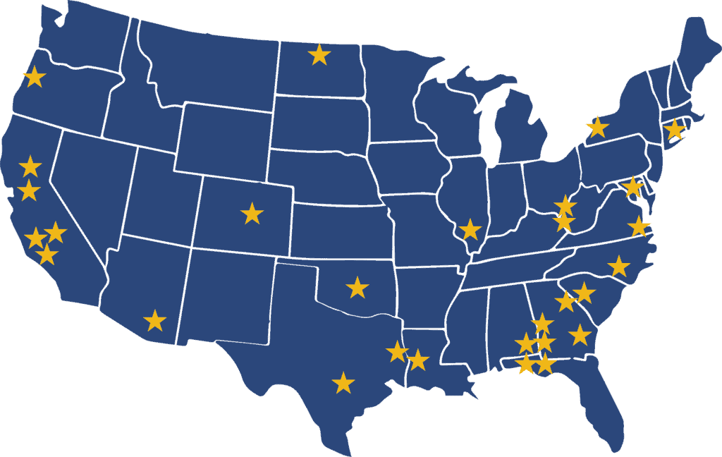 Map of the United States with yellow stars marking various government locations across multiple states.