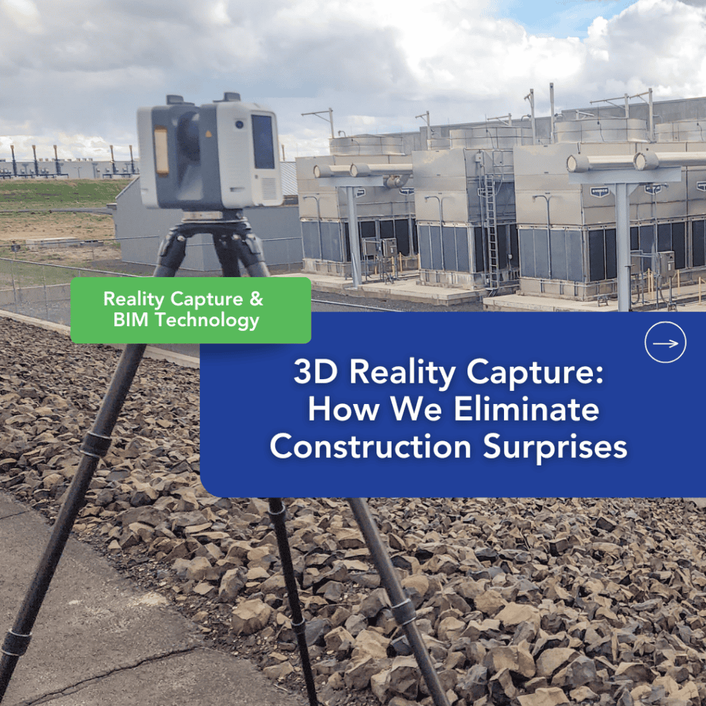 A 3D laser scanning construction device on a tripod records an industrial facility; text overlay explains how BIM coordination and reality capture technology help eliminate construction surprises.