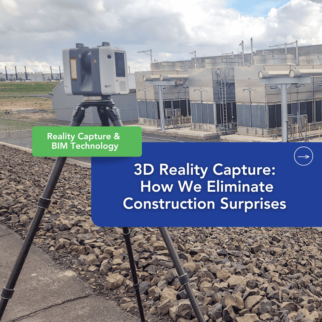 A 3D laser scanning construction device on a tripod records an industrial facility; text overlay explains how BIM coordination and reality capture technology help eliminate construction surprises.
