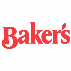 Red text logo reading "Baker's" in a serif font on a light gray background. The apostrophe resembles a wheat stalk.