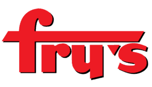 Red Fry's Electronics logo with stylized lowercase "f" extending over the rest of the letters, all in bold, blocky font on a white background.