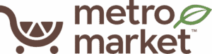 Metro Market logo with a brown shopping cart graphic on the left and "metro market" text in brown on the right, featuring a green leaf design above the word "market.