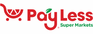 Pay Less Super Markets logo featuring a red shopping cart icon with a stylized fruit design, and the words "Pay Less" in red and "Super Markets" in green.