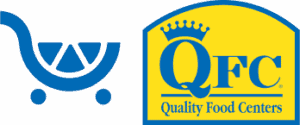 Logo for Quality Food Centers (QFC), featuring a blue shopping cart icon on the left and a yellow and blue badge with "QFC Quality Food Centers" text on the right.