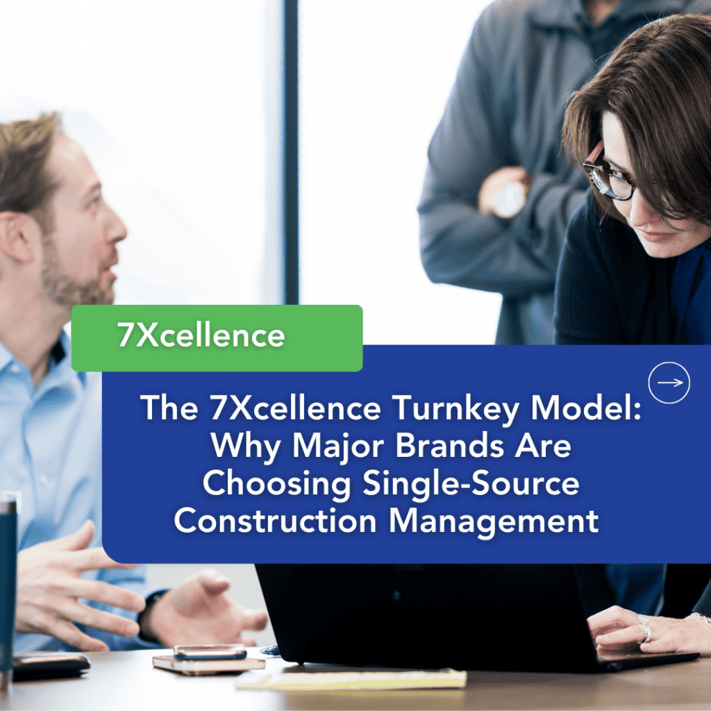 Three professionals discussing around a laptop with a graphic overlay promoting the 7Xcellence Turnkey Model for single-source construction management, highlighting BIM coordination and 3D laser scanning construction solutions.