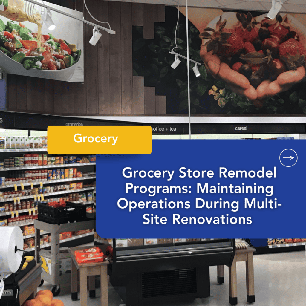 Grocery store interior with shelves of products, a salad bar, and large food-themed posters; overlaid text discusses maintaining operations during store renovations using construction reality capture technology.