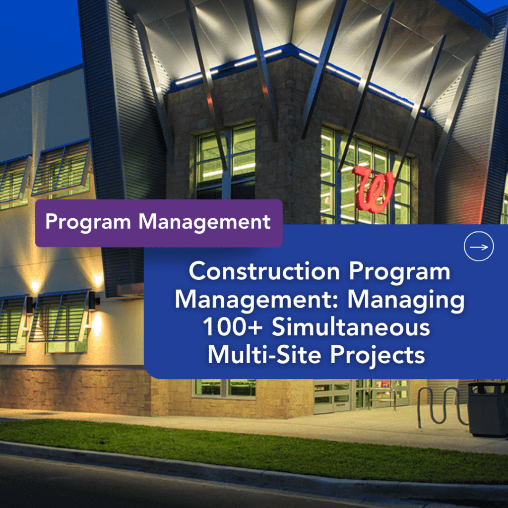 Modern Walgreens store exterior at dusk with text about managing 100+ simultaneous multi-site construction projects under program management, incorporating efficient drive-thru lane layout to optimize customer flow and improve overall throughput.