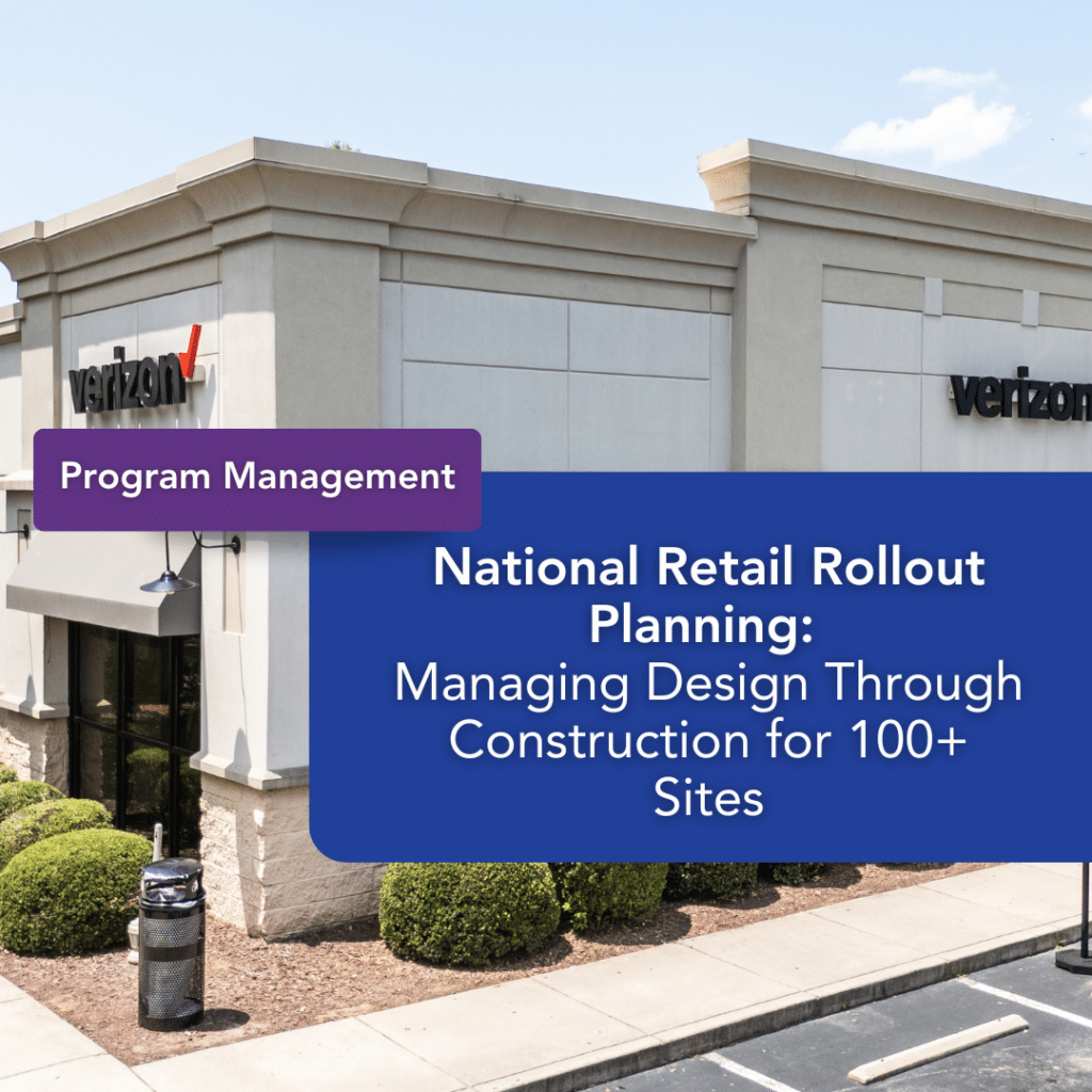 A Verizon retail store exterior with text overlay about program management, national retail rollout planning, and multi-site retail construction for over 100 sites.