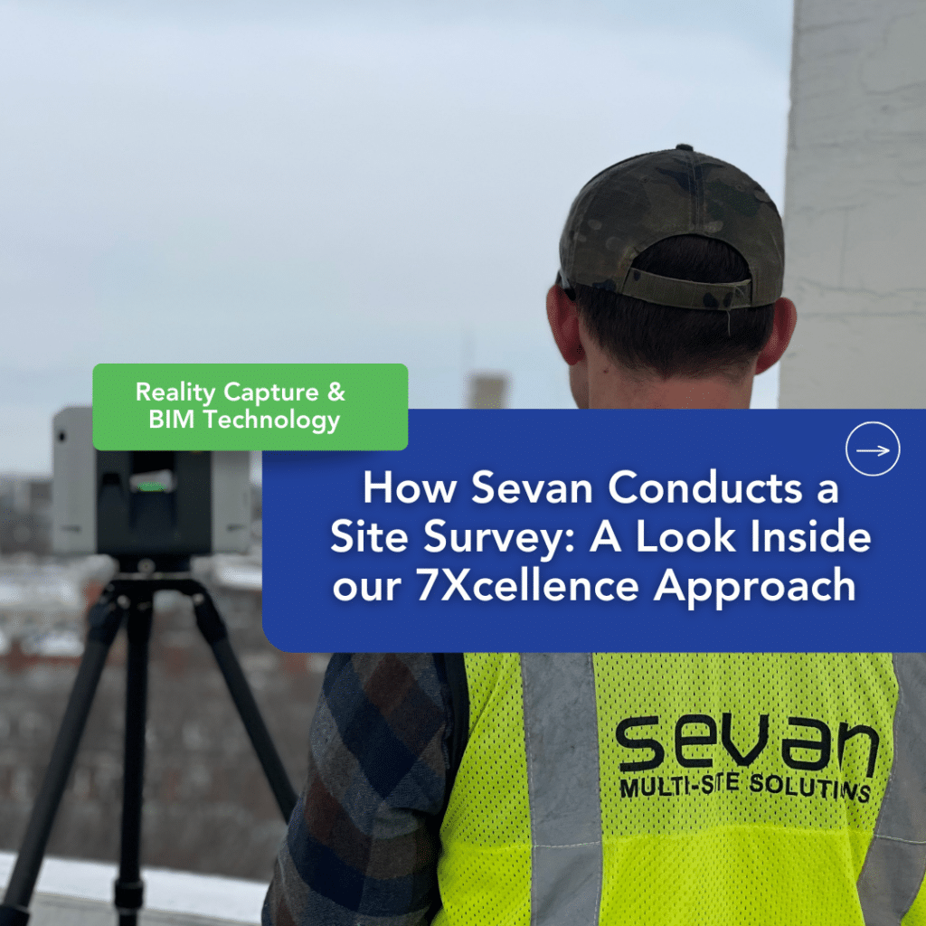 How Sevan Conducts a Site Survey: A Look Inside our 7Xcellence Approach 4 A person in a high-visibility vest uses a tripod-mounted laser scanner for reality capture and BIM technology, an approach that helps prevent cost overruns in construction projects.