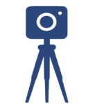 Simple blue icon of a camera mounted on a tripod, shown against a plain light background.