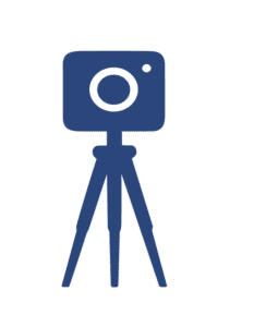 Simple blue icon of a camera mounted on a tripod, shown against a plain light background.