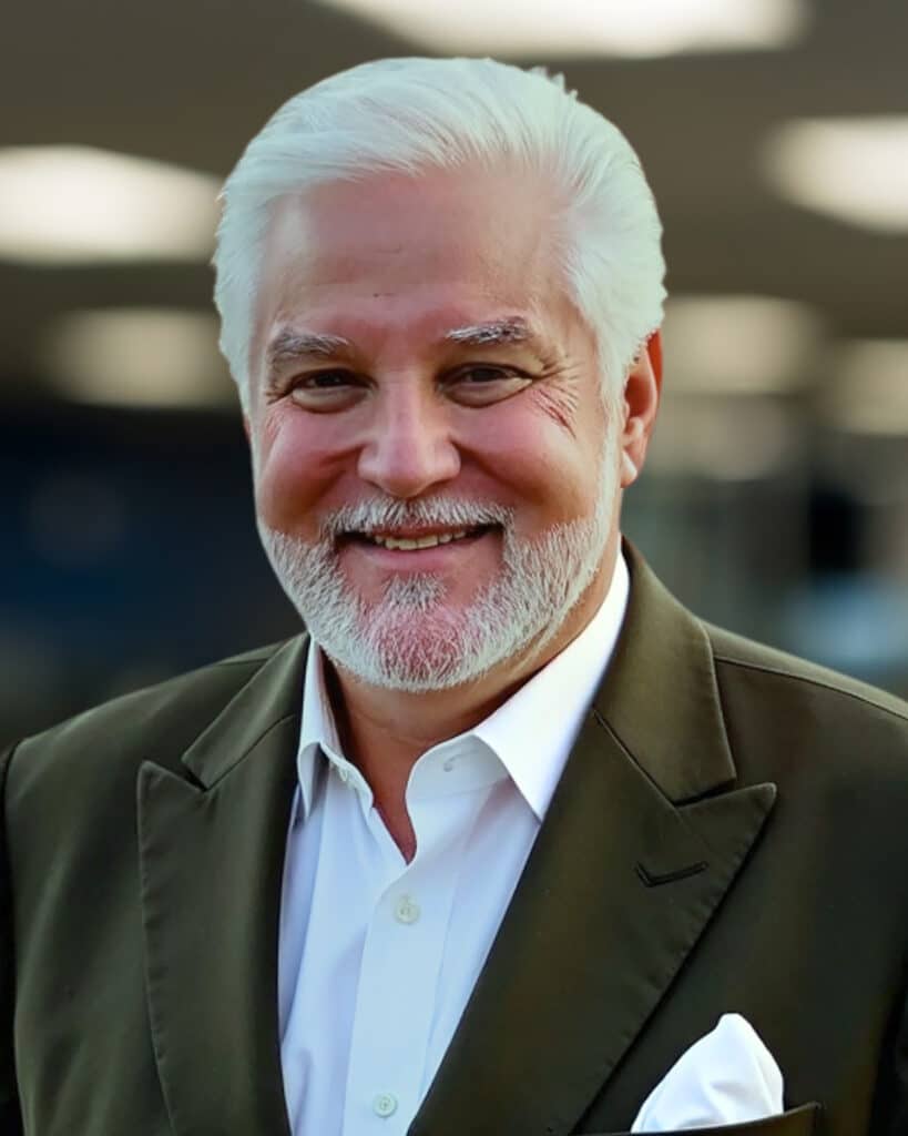 Smiling older man with white hair and beard, wearing a dark suit jacket and white shirt, standing indoors with blurred lights in the background—ready to help you whenever you need to get in touch.
