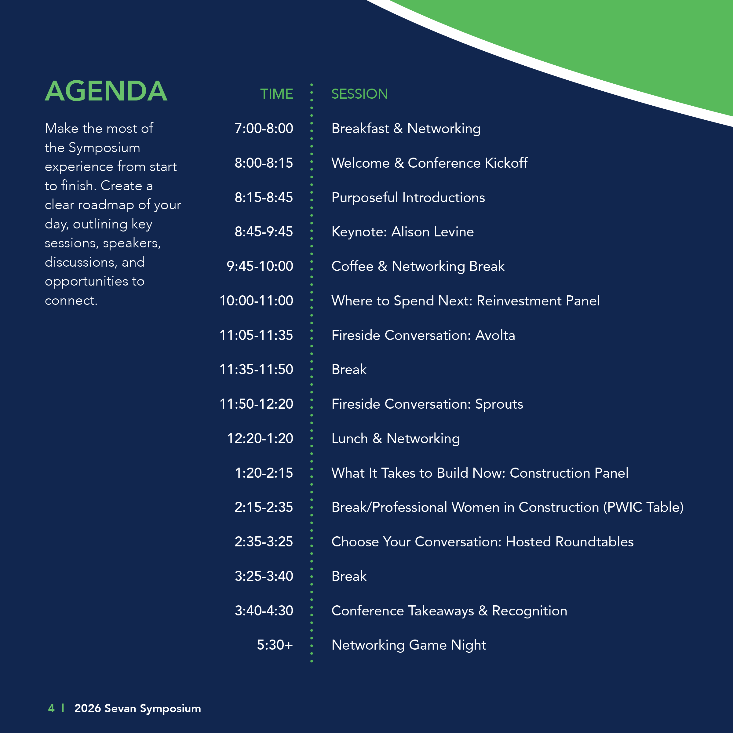 Symposium agenda listing sessions, times, and speakers for the event from 7:00 AM to 5:30 PM, including breakfast, keynotes, panels, networking, and closing remarks.