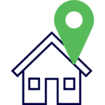 Simple house icon with a large green location pin placed on its roof, indicating a specific address or location.
