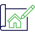 A pencil sketches a house on a blueprint, symbolizing architectural design or home planning concepts.