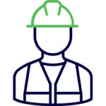 Outline icon of a person wearing a safety vest and a hard hat, indicating construction or industrial worker.