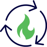 A green flame icon is surrounded by two blue circular arrows, indicating a renewable or sustainable energy concept.
