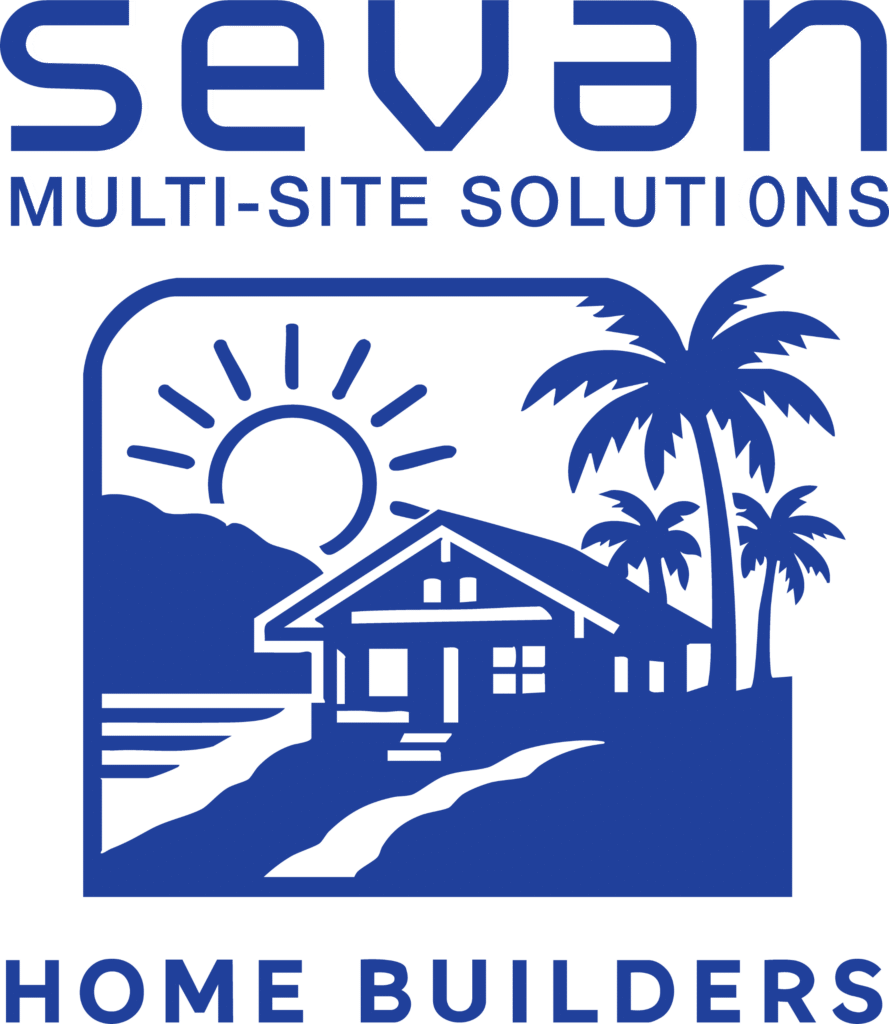 Logo for Sevan Multi-Site Solutions Home Builders, featuring a house, palm trees, mountains, and sun in blue and white.