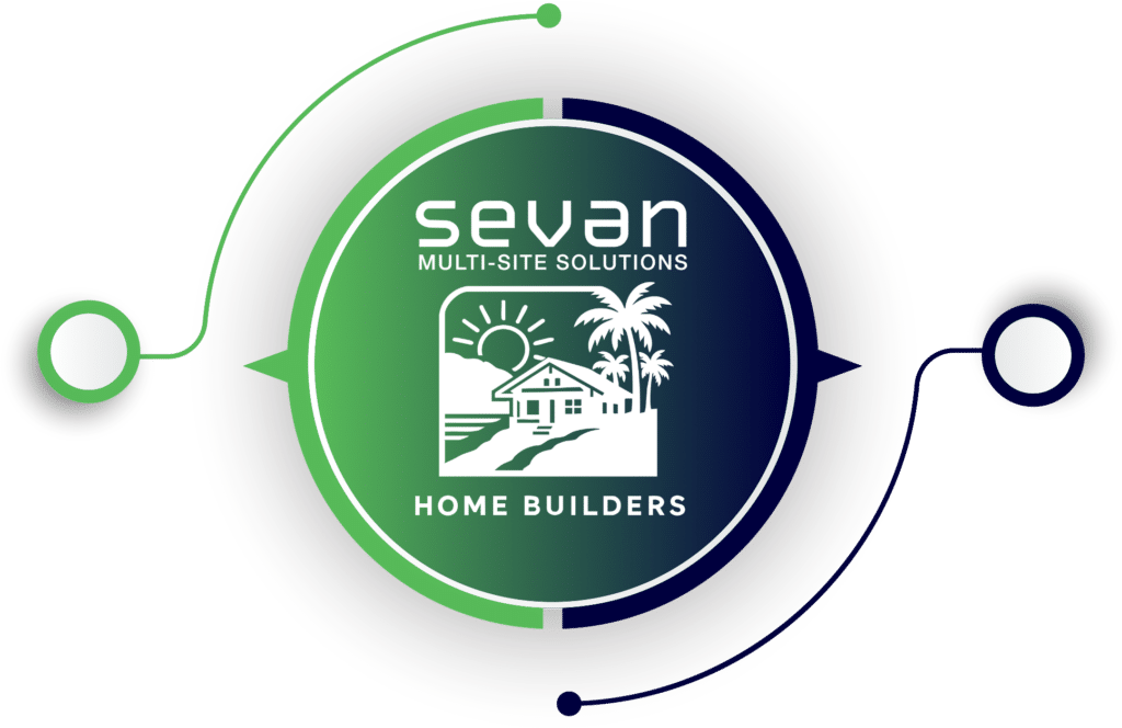 Circular logo for “Sevan Multi-Site Solutions Home Builders” with a house, sun, and palm trees in the center; green and blue gradient background with connecting lines.