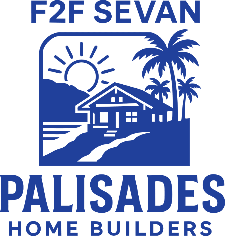 Blue logo with a house, sun, mountains, and palm trees above the text “F2F SEVAN PALISADES HOME BUILDERS.”.