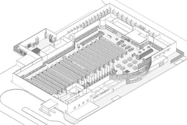 Isometric diagram of a large warehouse or distribution center interior, showing shelving units, pallets, storage areas, and loading bays.