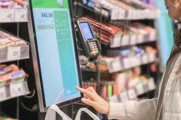 A person uses a self-checkout touchscreen at a grocery store, with shelves of products and a card payment terminal visible in the background.